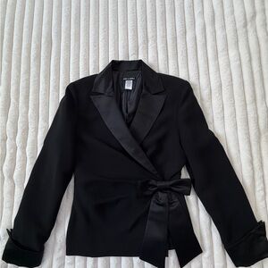 Black Satin-Trim Wrap Blazer